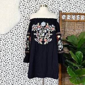 Free People | Fleur du Jour Black Off Shoulder Floral Embroidered Cotton Dress M
